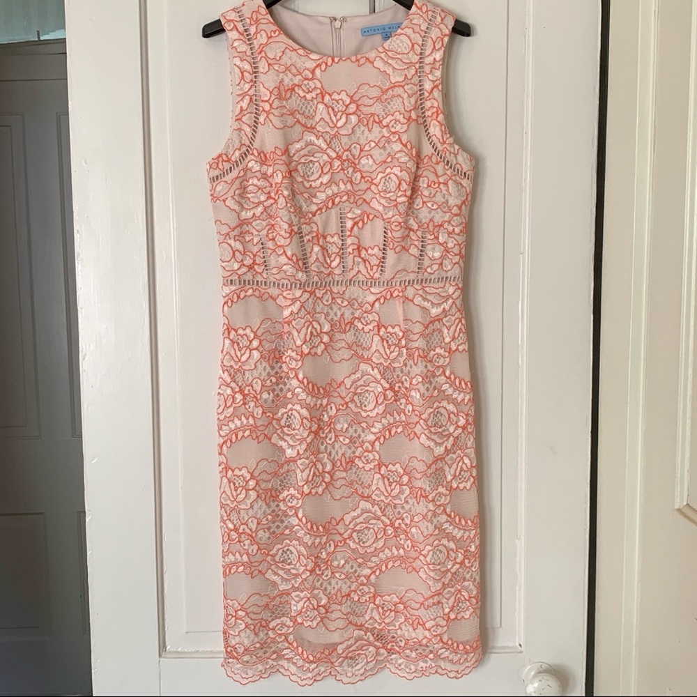 Antonio Melani Lace Sheath Coral Tan Dress